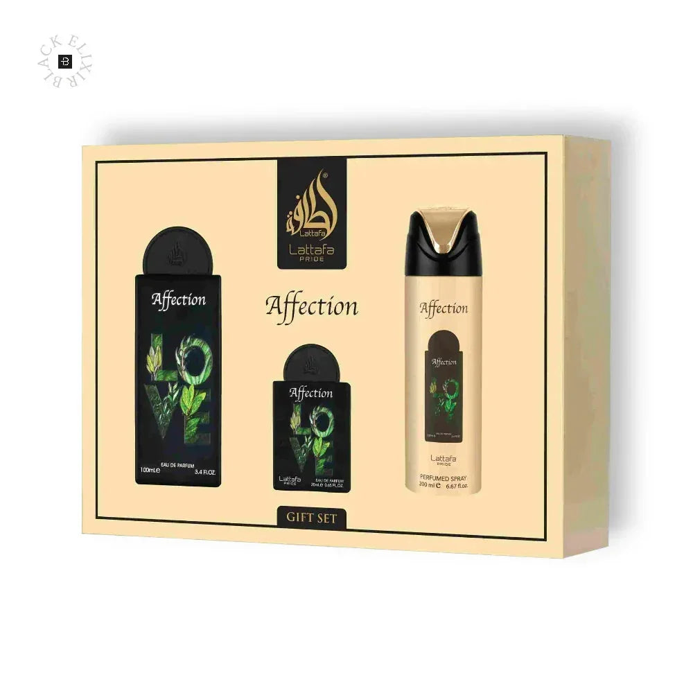 Geschenkset mit Luxusparfum, Duschgel und Körperspray Affection von Lattafa, elegant verpackt.