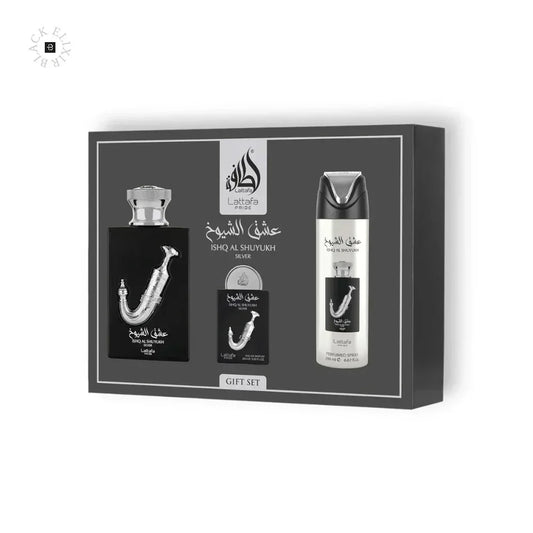 Lattafa Ishq Al Shuyukh Parfum Geschenkset mit Parfum, Body Spray und Seife in Schwarz-Silber