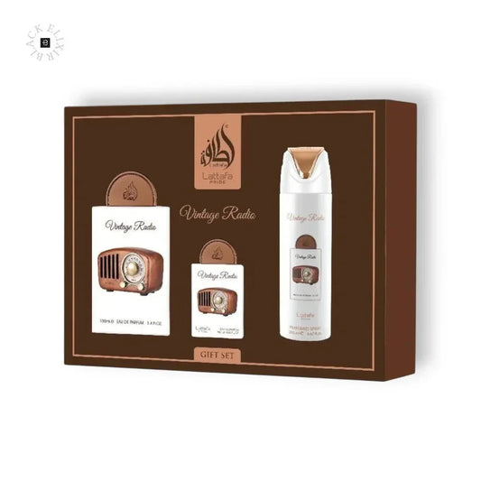 Lattafa Vintage Radio Parfum Geschenkset mit Eau de Parfum und Deospray, braune Box