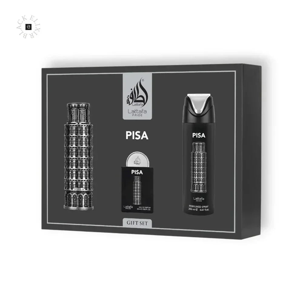 Lattafa Pisa Duft Geschenkset mit Parfum, Spray und Box, Produktfoto auf weißem Hintergrund