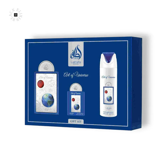 Lattafa Art of Universe Parfum Geschenkset mit Flakon und Körperspray, blau-silbernes Design