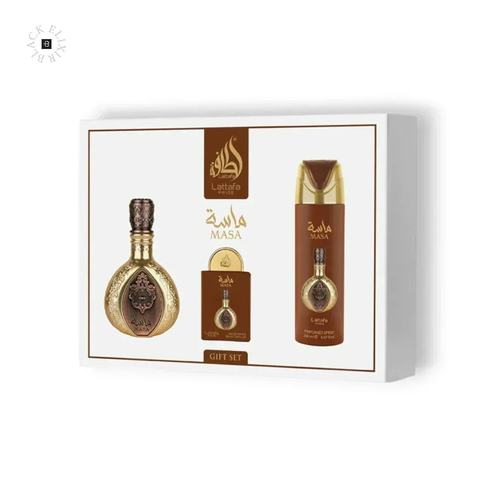 Lattafa Masa Parfum Geschenkset mit Flakon, Bodyspray und Miniatur auf weißem Hintergrund