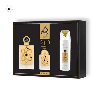 Lattafa Tharwah Gold Parfum Geschenkset mit Eau de Parfum, Miniatur und Deo, luxuriös verpackt