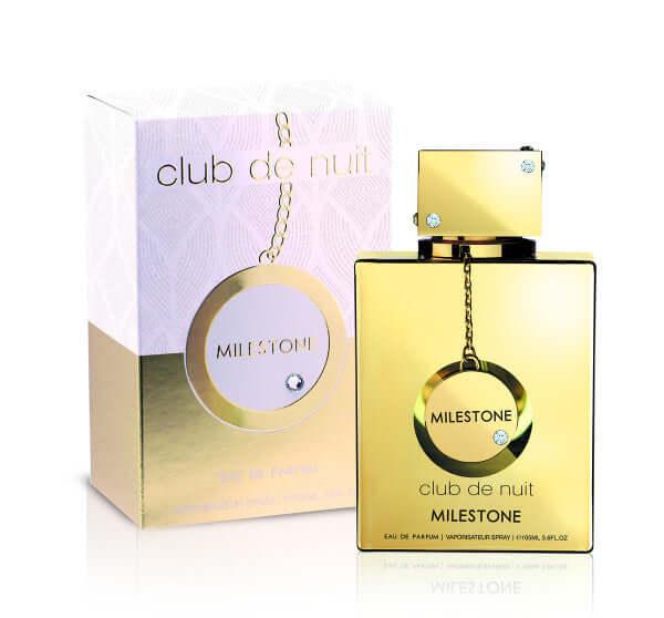 Goldenes Parfumflakon und Verpackung von Club de Nuit Milestone, luxuriöser Unisex-Duft