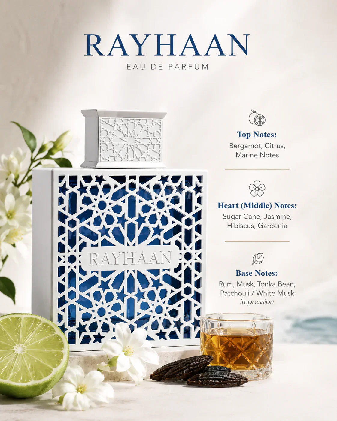 Rayhaan Eau de Parfum mit blau-weißem Design, Zitrusnoten und exklusiven Duftnoten