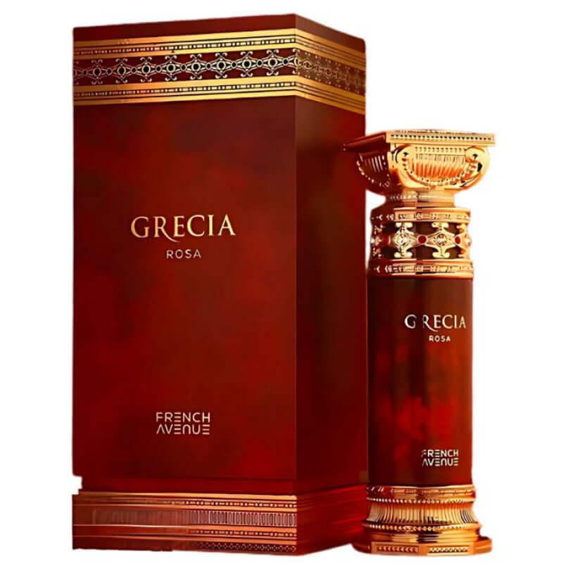 Luxusparfum Flakon und Verpackung in Rot-Gold, GRECIAROSA, elegant, exklusiv, Unisex-Duft.