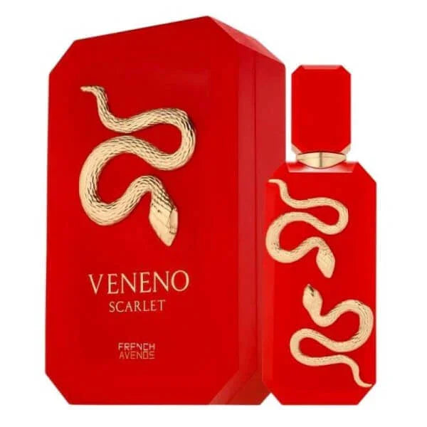 Rotes Luxusparfum Veneno Scarlet mit goldener Schlange auf Flakon und Verpackung