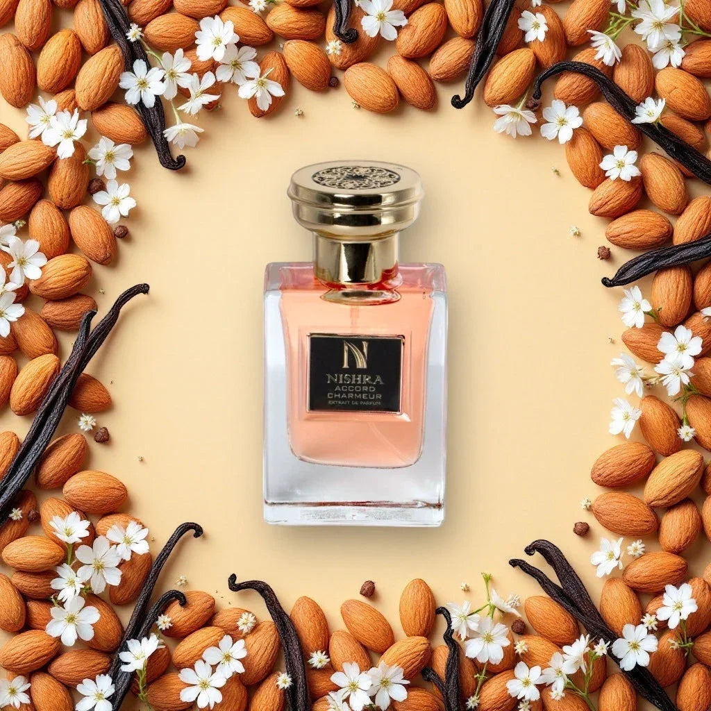 Luxusparfumflakon mit goldener Kappe, umgeben von Mandeln, Vanilleschoten und weißen Blüten