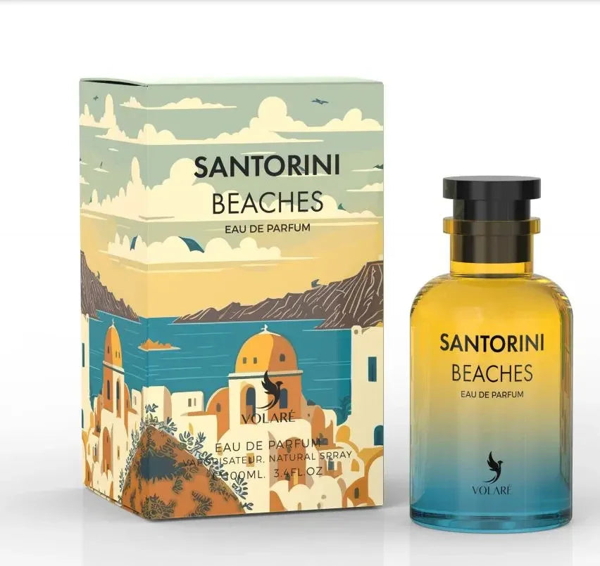 Santorini Beaches Eau de Parfum Flakon und Box, inspiriert von Santorini mit Küstenlandschaft