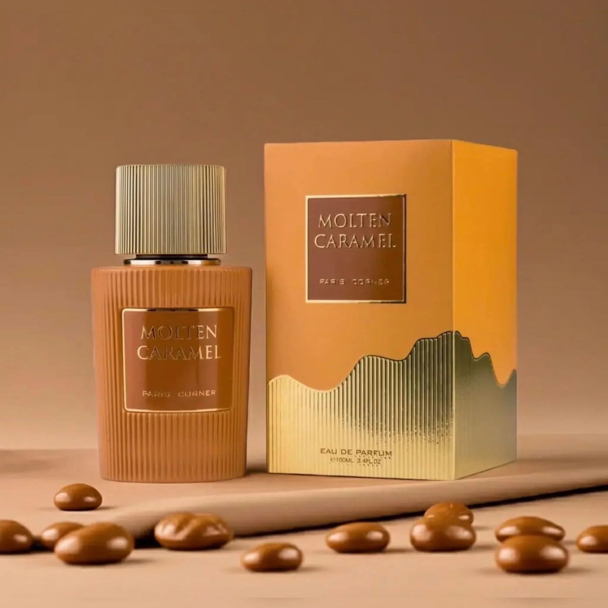 Paris Corner Molten Caramel Eau de Parfum Flakon und Verpackung mit Schokoladenbonbons