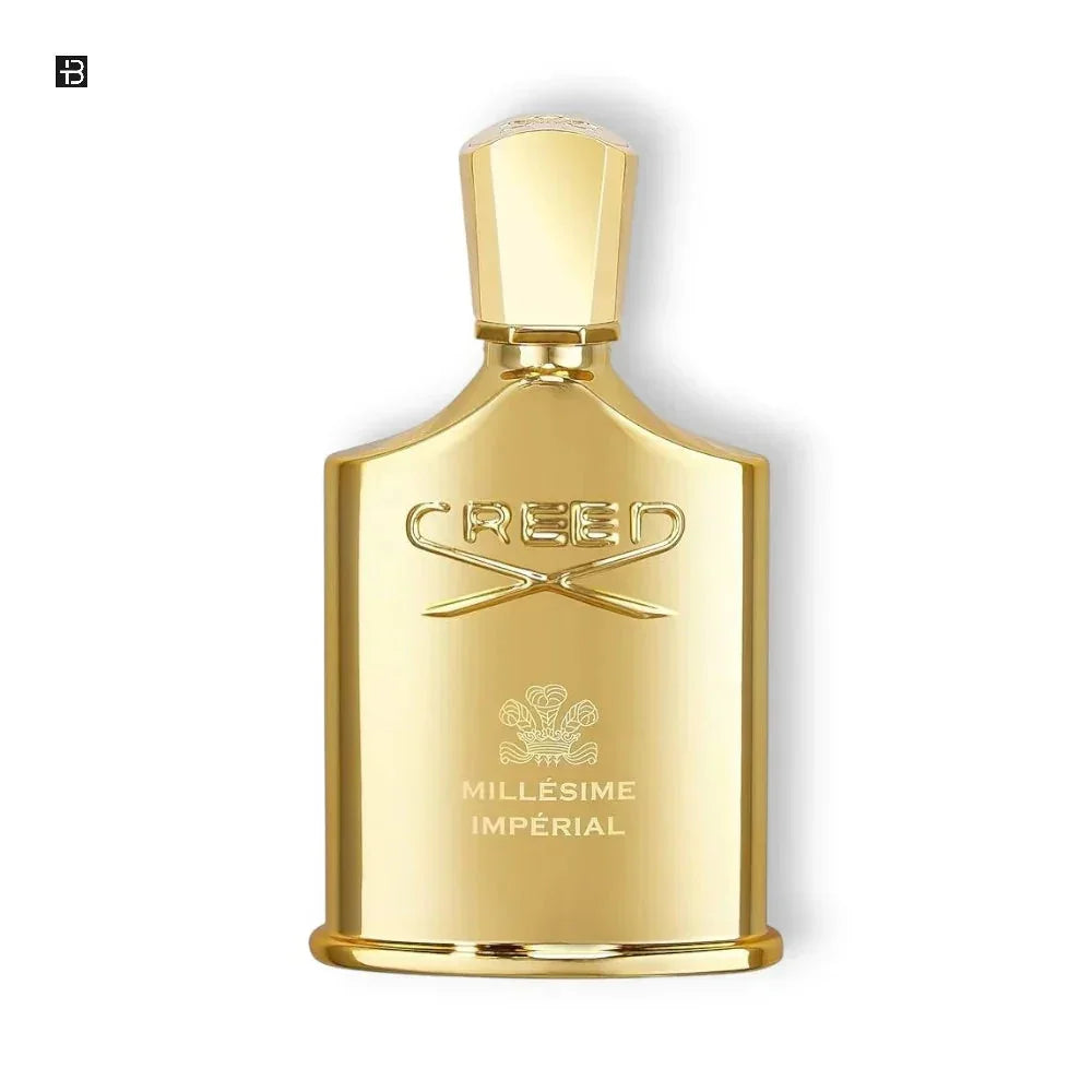 Goldenes Parfümflakon Creed Millésime Impérial, luxuriöses Unisex-Parfüm auf Weiß