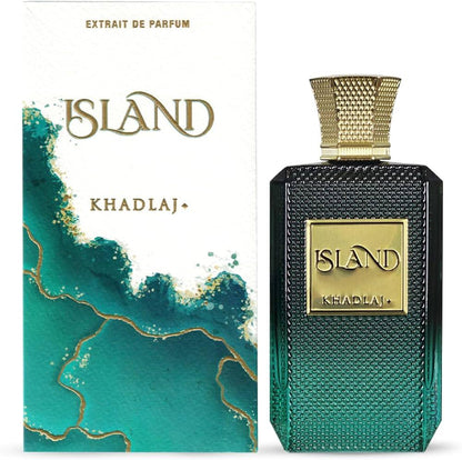 Island Khadlaj Extrait de Parfum Flakon und Verpackung, luxuriöses Parfum in Grün und Gold