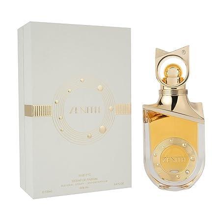Luxuriöses Damenparfum in goldener Flasche neben eleganter Verpackung, Schriftzug Zenith sichtbar