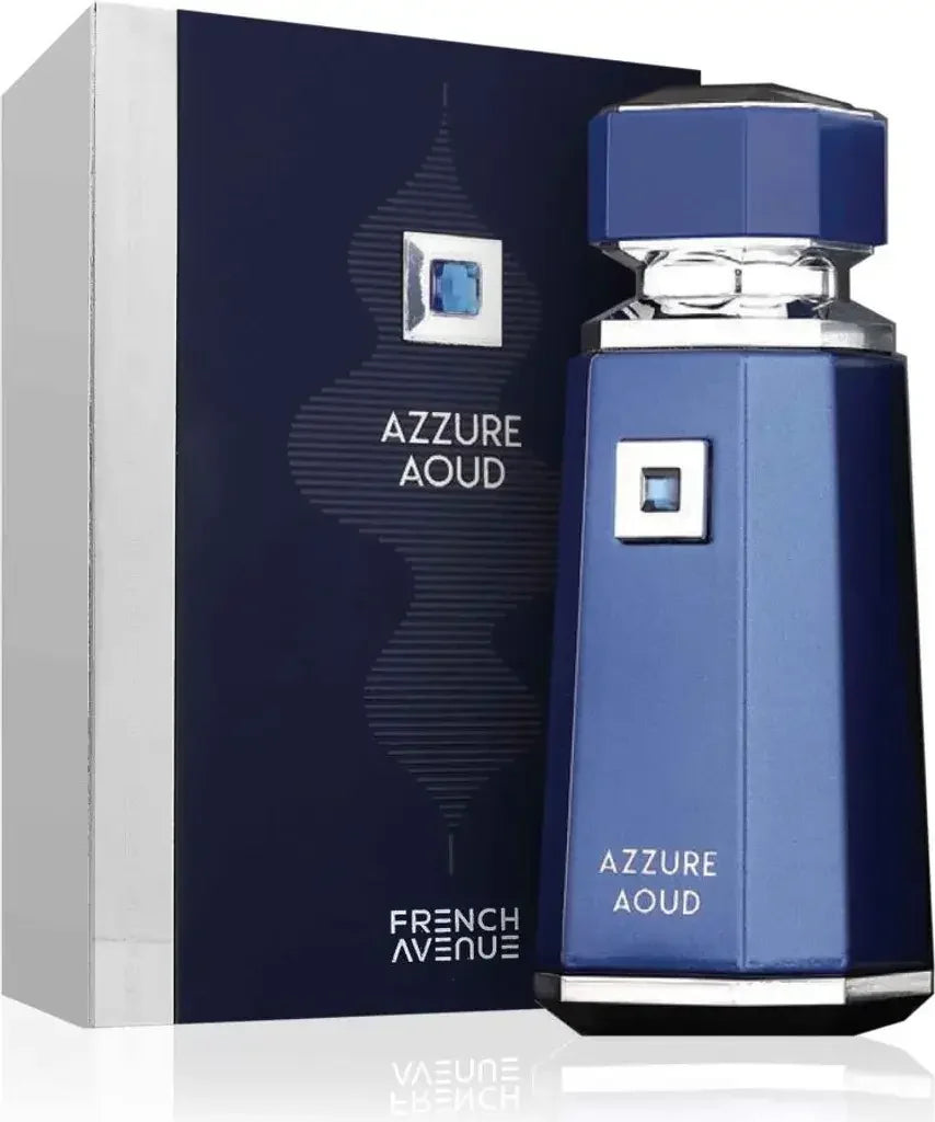 Luxusparfum Azzure Aoud in blauem Flakon neben eleganter Verpackung, Unisex Duft