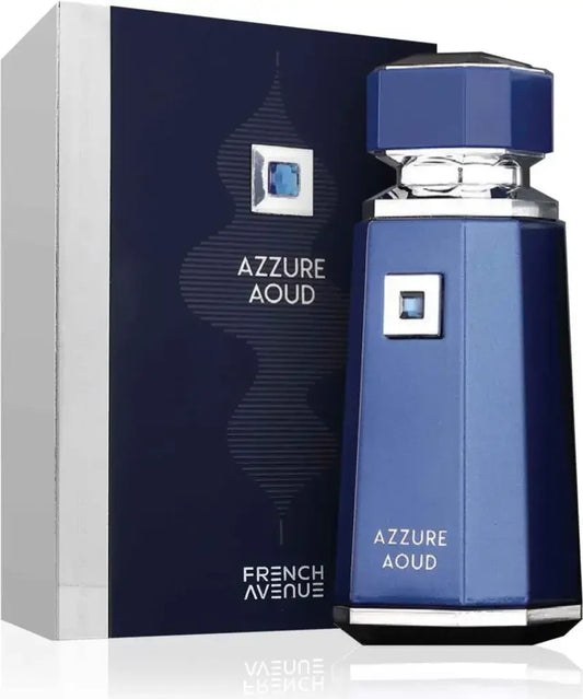 Luxusparfum Azzure Aoud in blauem Flakon neben eleganter Verpackung, Unisex Duft