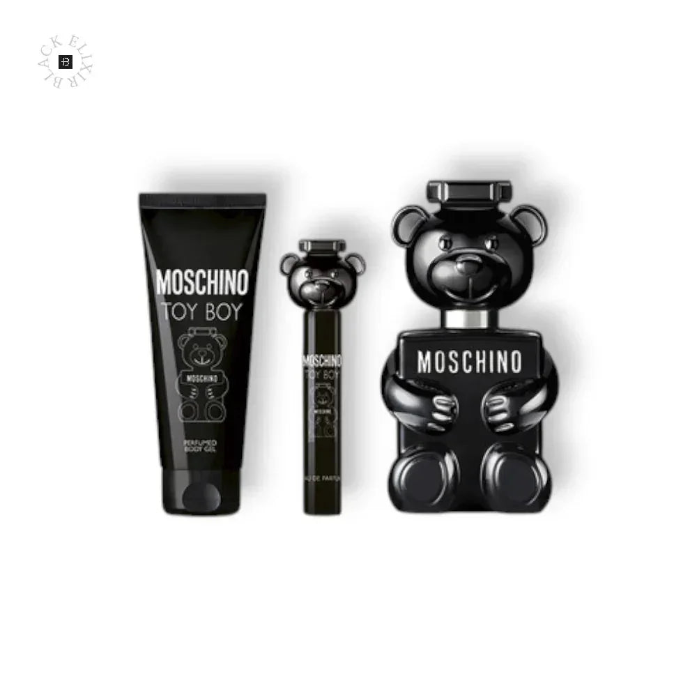 Moschino Toy Boy Geschenkset mit Bär-Flakon, Parfüm und Duschgel in Schwarz auf weißem Hintergrund