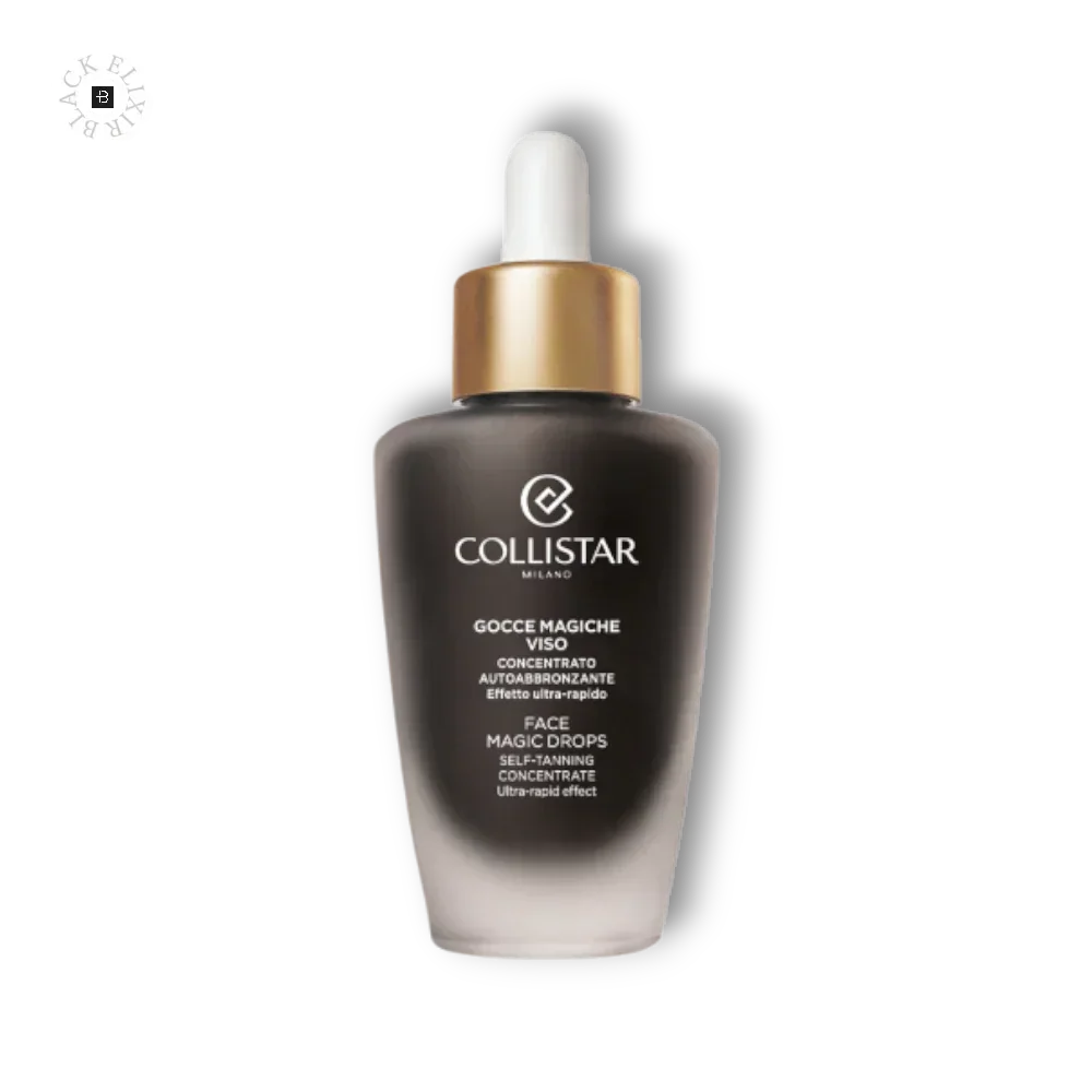 Collistar Gocce Magiche Viso Selbstbräuner Serum Flasche mit Pipette auf schwarzem Hintergrund