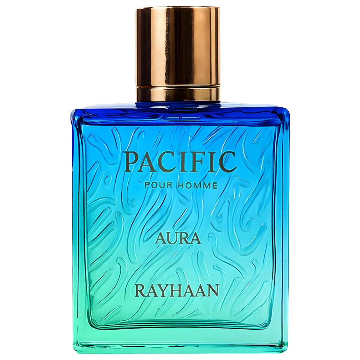 Luxus Herrenparfum-Flakon in Blau-Grün mit goldener Kappe und Prägung, Aufschrift PACIFIC AURA RAYHAAN