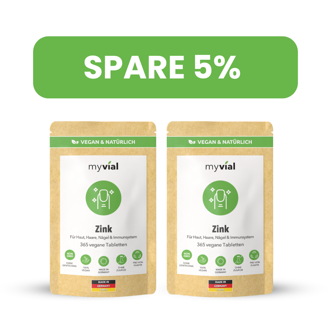 Zwei Beutel myvial Zink vegane Tabletten für Haut, Haare und Nägel.
