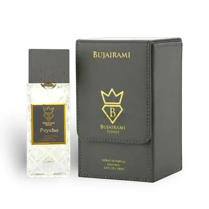 Bujairami Psycho Extrait de Parfum Flakon und graue Geschenkbox