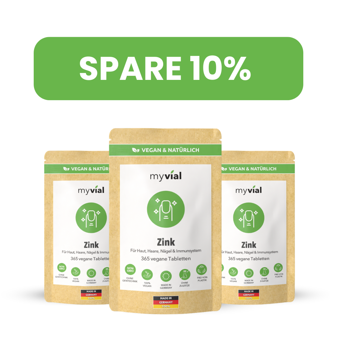 Drei Packungen myvial Zink vegane Tabletten für Haut, Haare und Nägel.