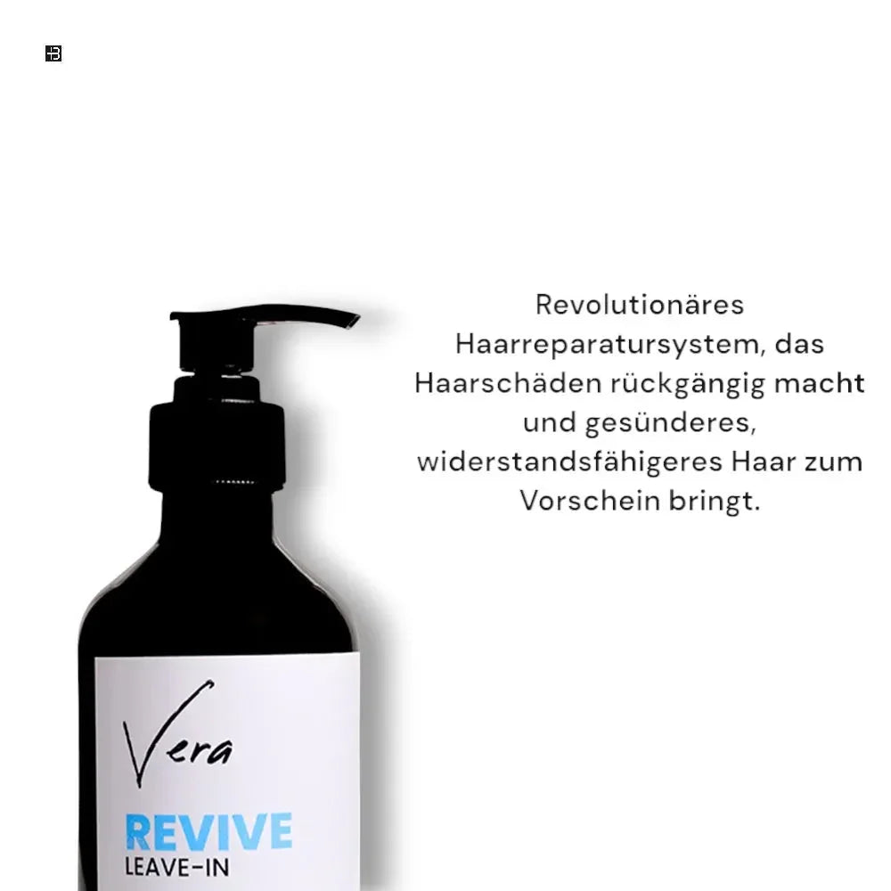 Vera Revive Leave-In Haarpflege in schwarzer Pumpflasche mit Text zur Haarreparatur