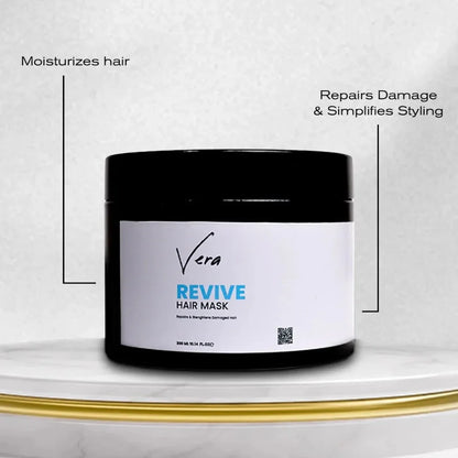 Vera Revive Hair Mask Dose auf weißem Podest, feuchtigkeitsspendend, repariert Haarschäden