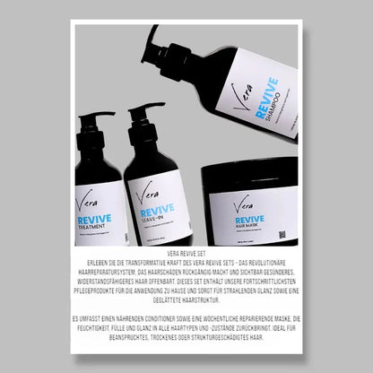 Vera Revive Haarpflege-Set mit Shampoo, Treatment, Leave-In und Haarmaske für geschädigtes Haar.