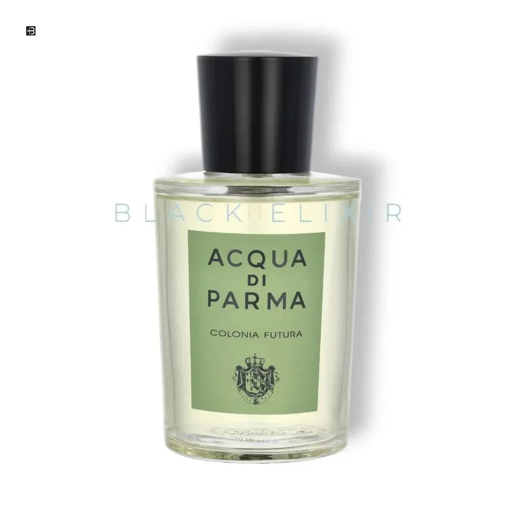 Acqua di Parma Colonia Futura Parfumflakon mit grünem Etikett und schwarzem Deckel, Premiumduft