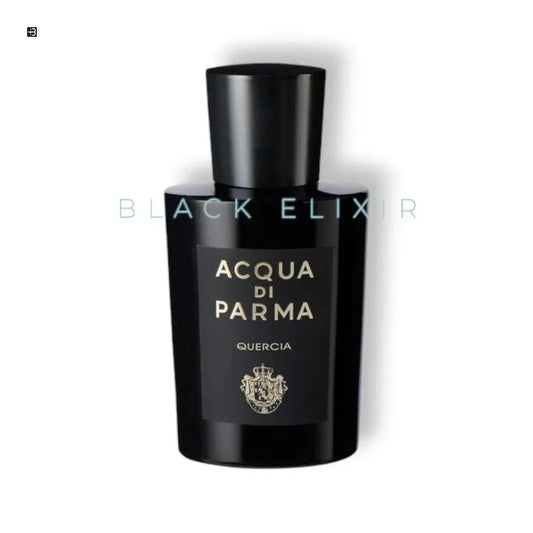 Edles schwarzes Acqua di Parma Quercia Parfumflakon für Damen und Herren auf weißem Hintergrund