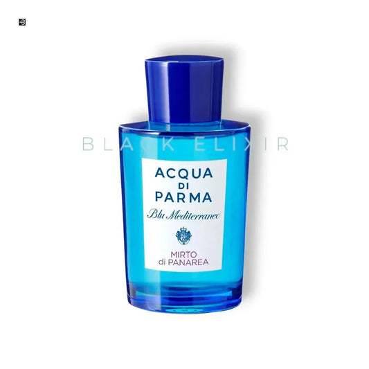Luxusparfum Acqua di Parma Blu Mediterraneo Mirto di Panarea in blauer Flasche auf weißem Hintergrund
