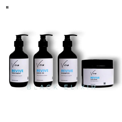 Vier schwarze Flaschen Haarpflegeprodukte Vera Revive mit weißem Etikett, nebeneinander auf weißem Hintergrund.