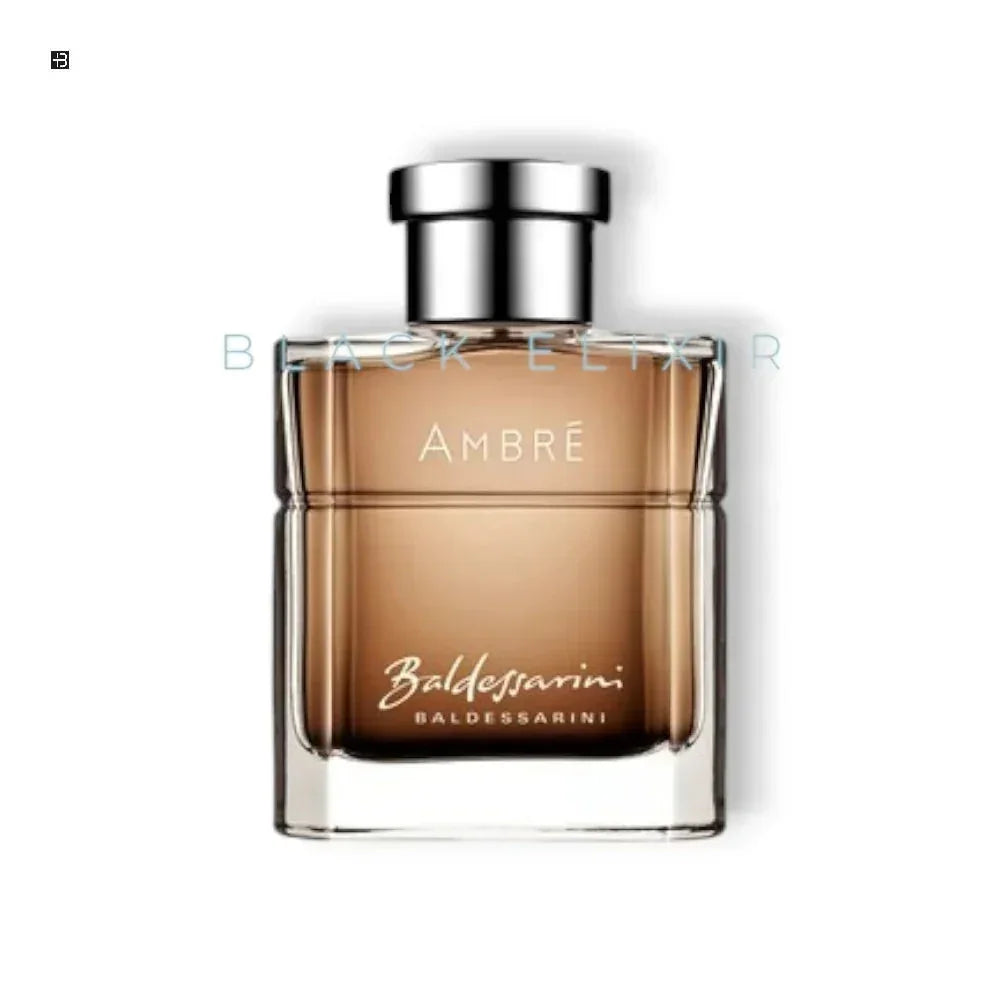 Luxusparfum Baldessarini Ambre für Herren in elegantem, braunem Glasflakon vor weißem Hintergrund