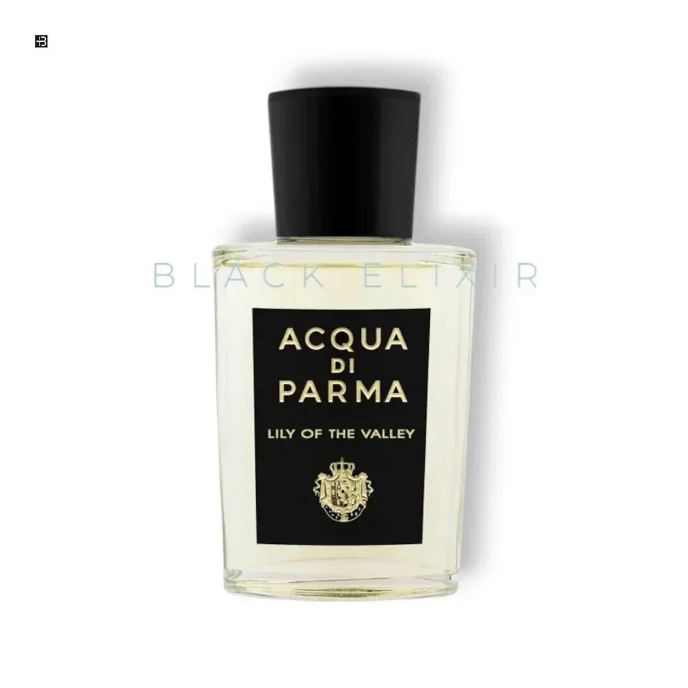 Elegantes Parfumflakon mit schwarzem Etikett, Aufschrift Acqua di Parma Lily of the Valley.