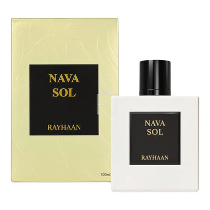 Parfümflasche und Verpackung von Nava Sol von Rayhaan, 100ml Luxusduft.