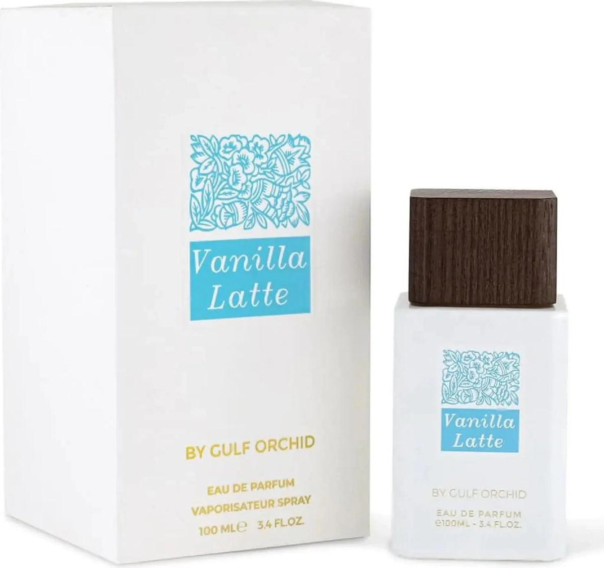 Luxusparfum Vanilla Latte by Gulf Orchid, weißer Flakon mit Holzdeckel und passender Verpackung.