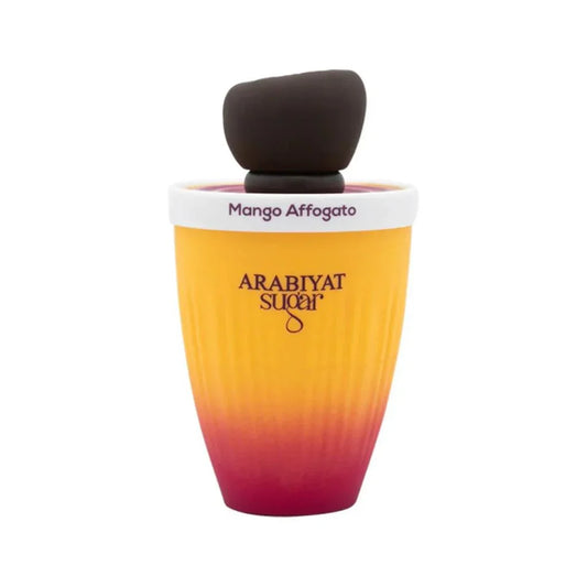 Parfümflakon Arabiyat Sugar Mango Affogato, gelb-rot, Unisex-Duft auf weißem Hintergrund