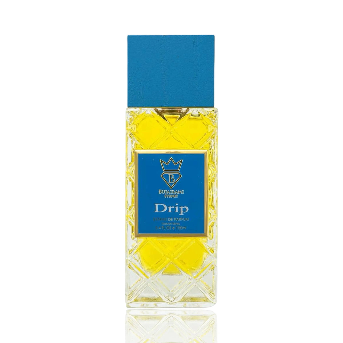 Bujairami Sydney Drip Extrait de Parfum, gelber Duft in edler Flasche mit blauem Deckel