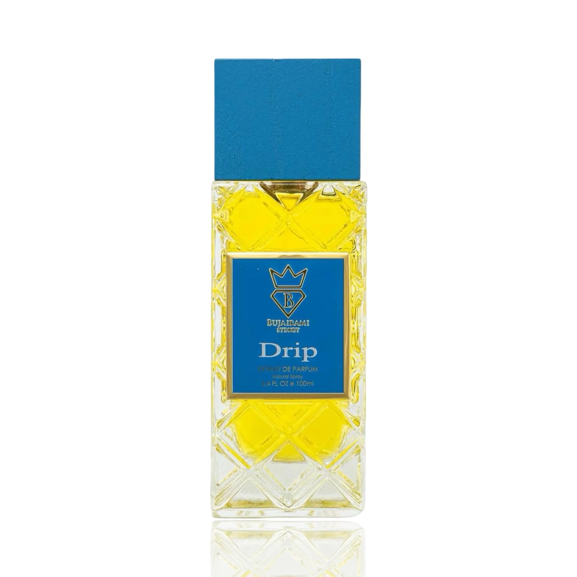 Bujairami Sydney Drip Extrait de Parfum, gelber Duft in edler Flasche mit blauem Deckel