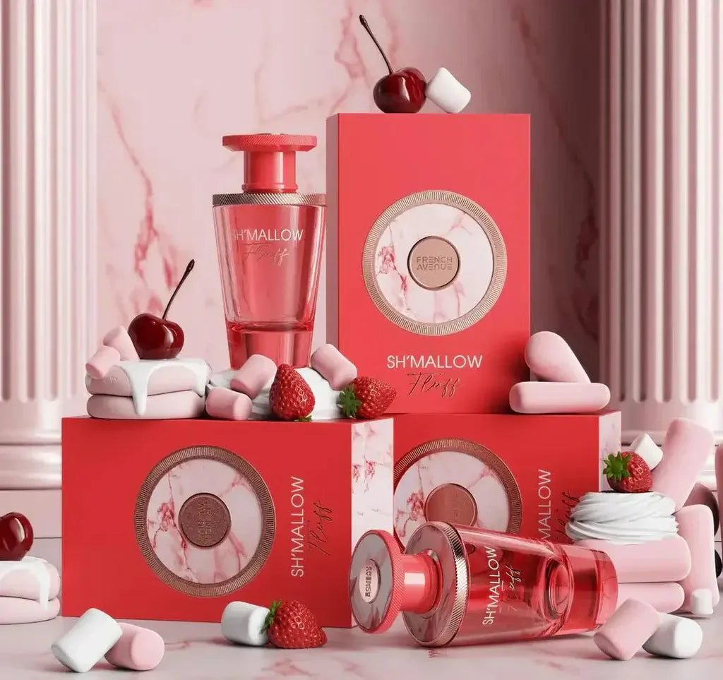 Luxus Parfum Shmallow Fluff in rosafarbener Verpackung mit Erdbeeren, Kirschen und Marshmallows.