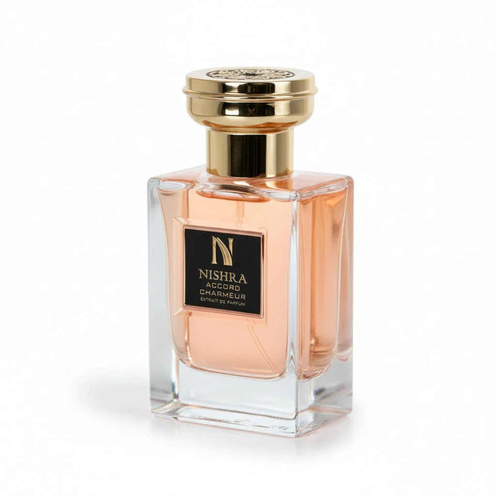 Luxus Parfumflakon NISHRA Accord Charmeur mit goldener Kappe, edles Design, Duft für Damen und Herren