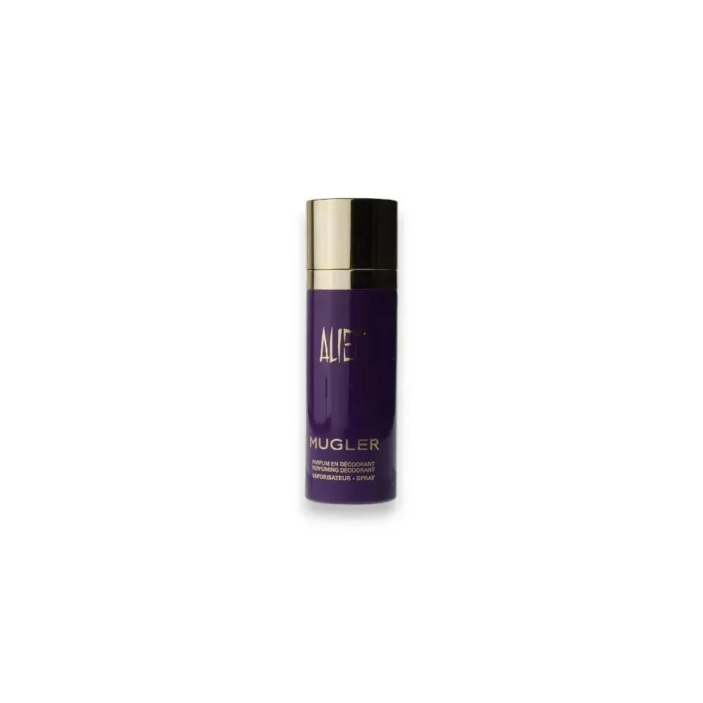 Lila Deospray-Flasche mit goldener Kappe und Aufschrift Alien Mugler auf weißem Hintergrund