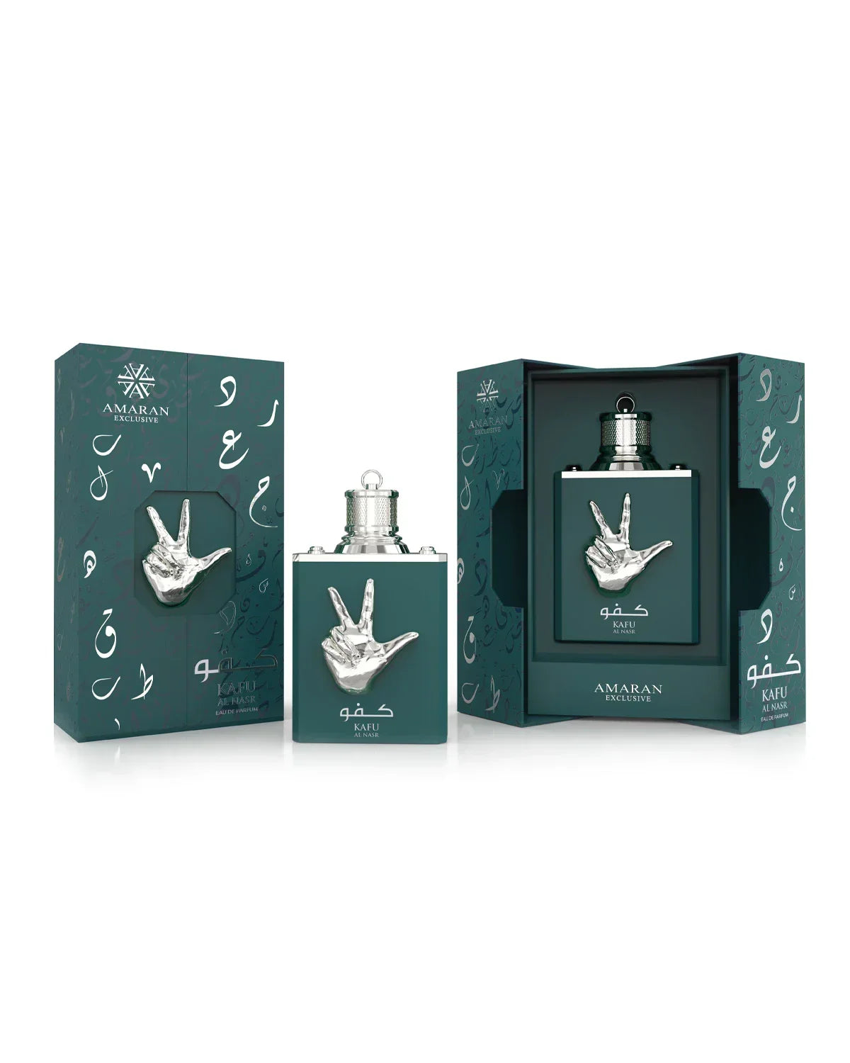 Exklusives Luxusparfum KAFU von AMARAN EXCLUSIVE mit silberner Hand-Skulptur und edler grüner Verpackung