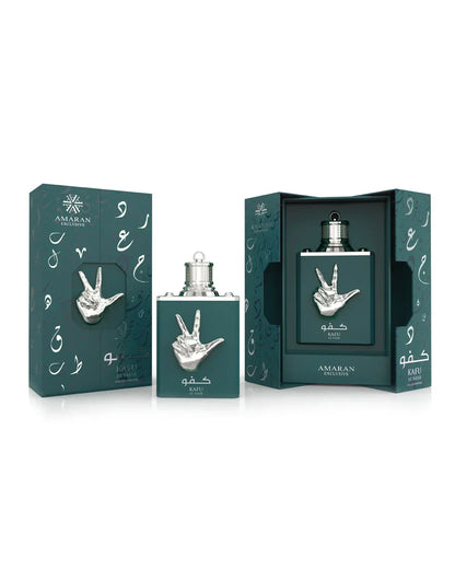 Exklusives Luxusparfum KAFU von AMARAN EXCLUSIVE mit silberner Hand-Skulptur und edler grüner Verpackung