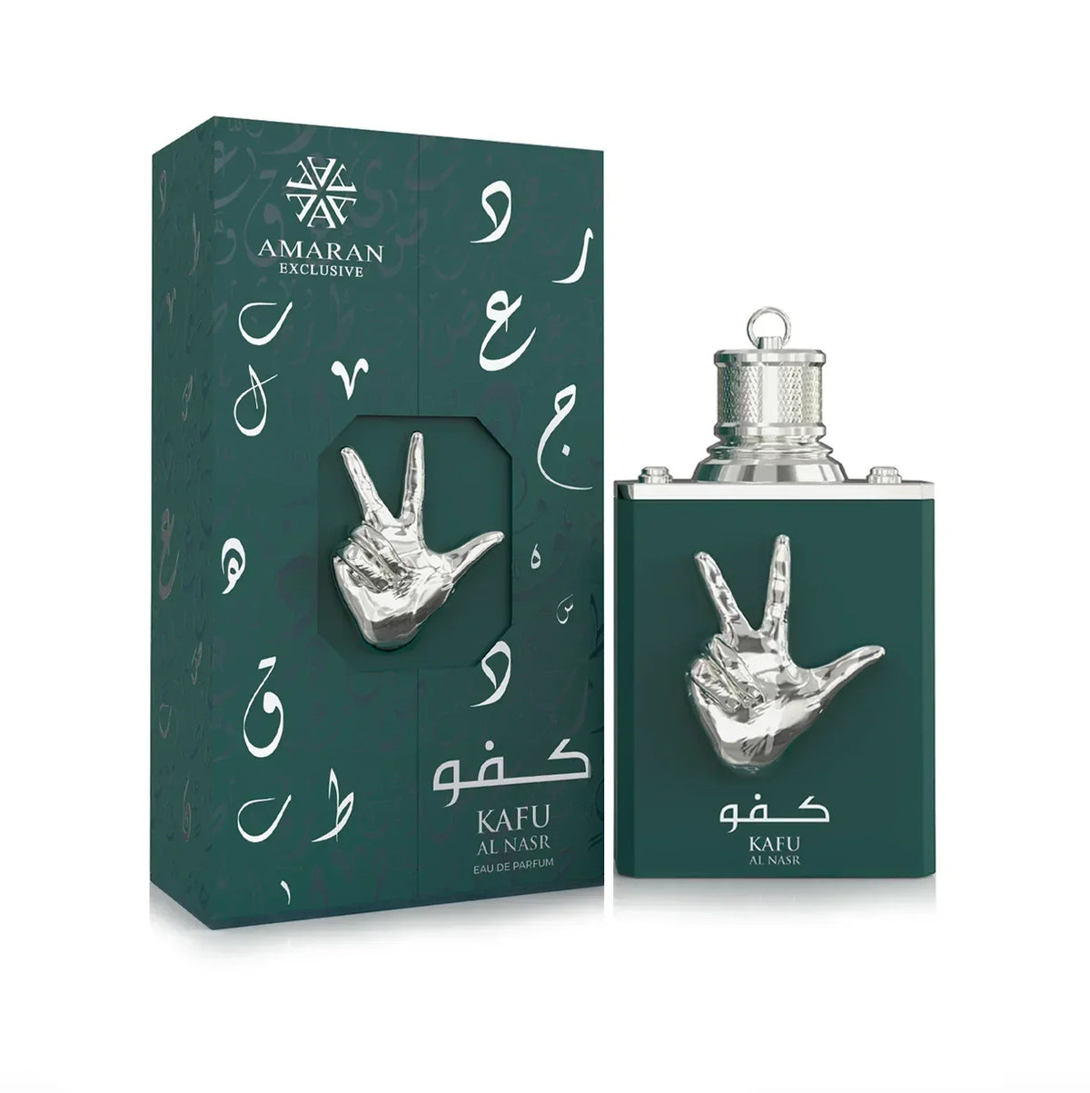 Kafu Al Nasr Eau de Parfum von Amaran Exclusive – Luxusparfum mit silberner Hand-Dekoration und arabischer Schrift