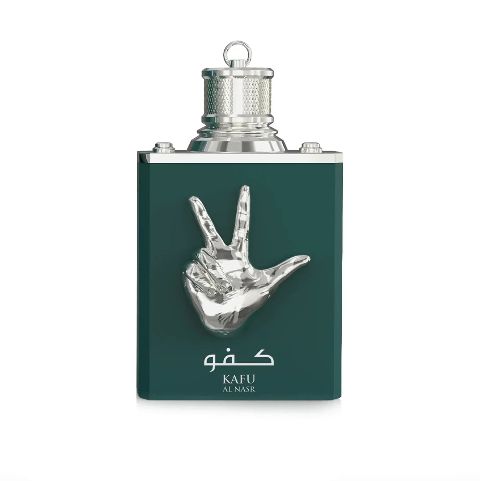 Luxus Parfumflakon KAFU Al Nasr mit silberner Hand, grünem Design und edlem Verschluss