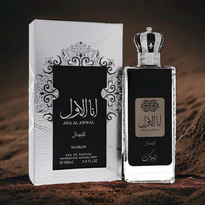 Ana Al Awwal Black Eau de Parfum für Herren, luxuriöser Flakon neben Parfumverpackung