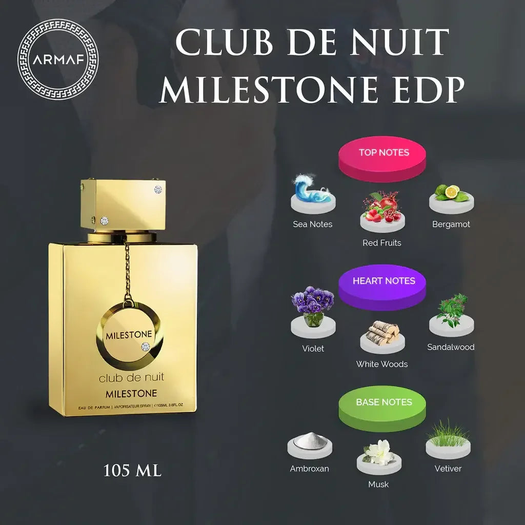 Luxuriöser goldener Parfumflakon Club de Nuit Milestone 105ml, Duftnoten und Markenlogo abgebildet