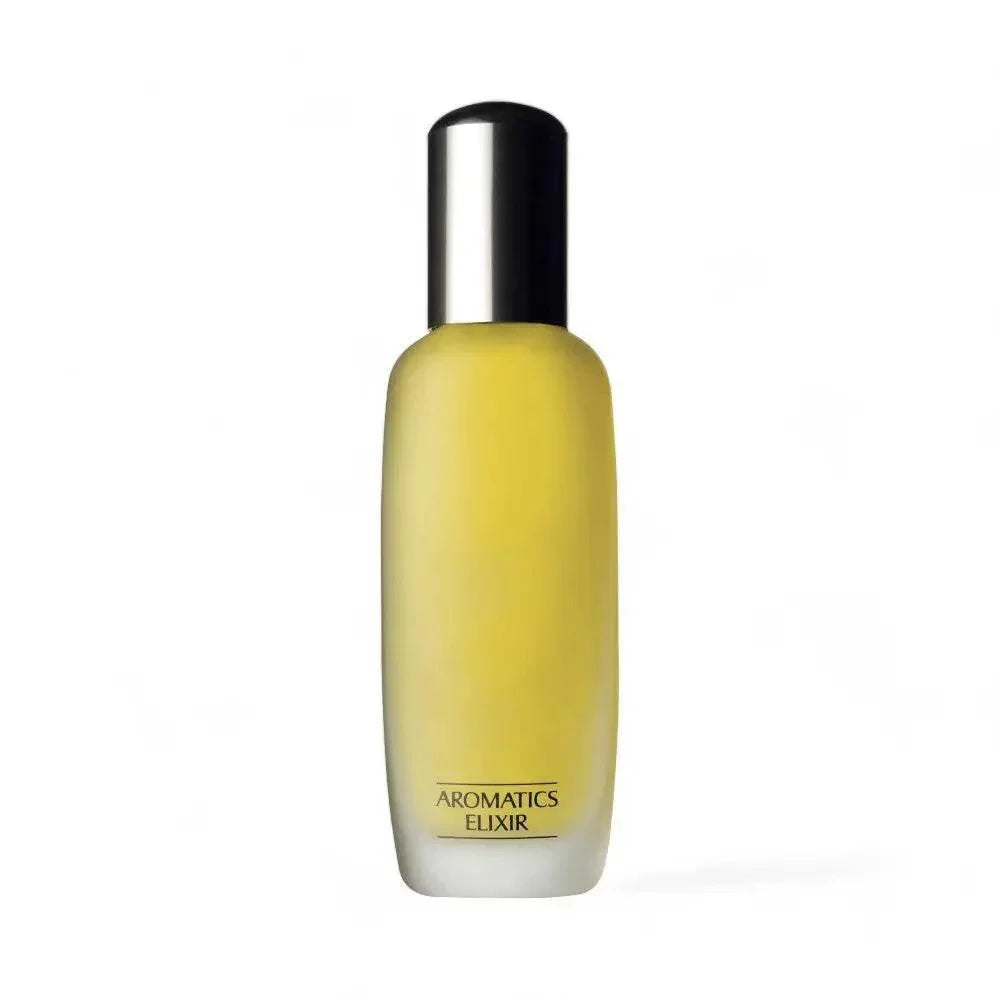 Gelbes Parfum Aromatics Elixir Eau de Toilette Flakon auf weißem Hintergrund