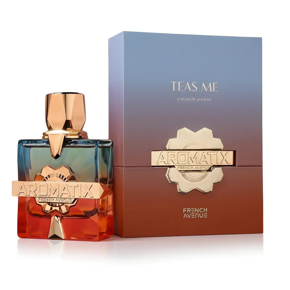 Luxuriöses Parfum Aromatix Tease Me 100ml, eleganter Flakon mit goldenen Akzenten, Verpackung daneben